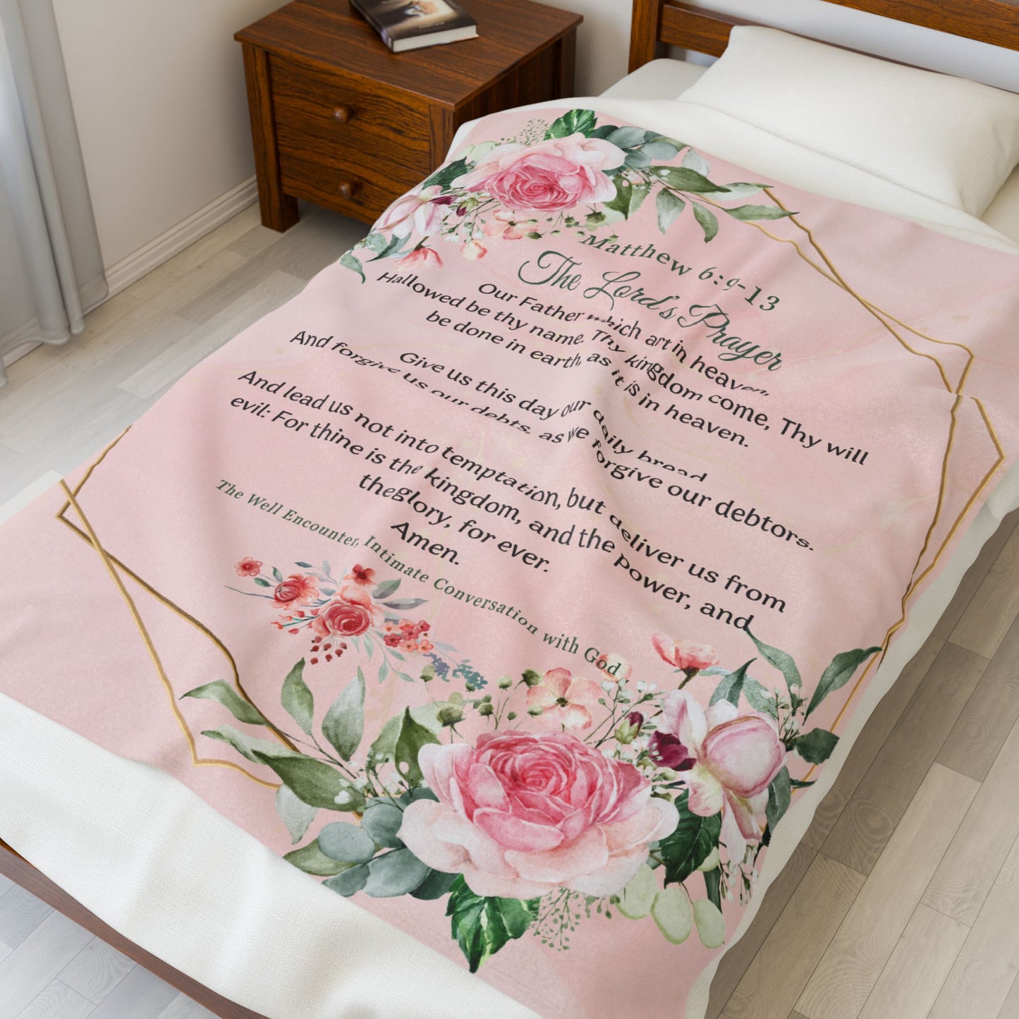 Matthew 6:9-13 Velveteen Plush Blanket, Cozy Prayer Blanket, Floral Throw, Inspirational Home Decor, Religious Gift, Comfort Blanket