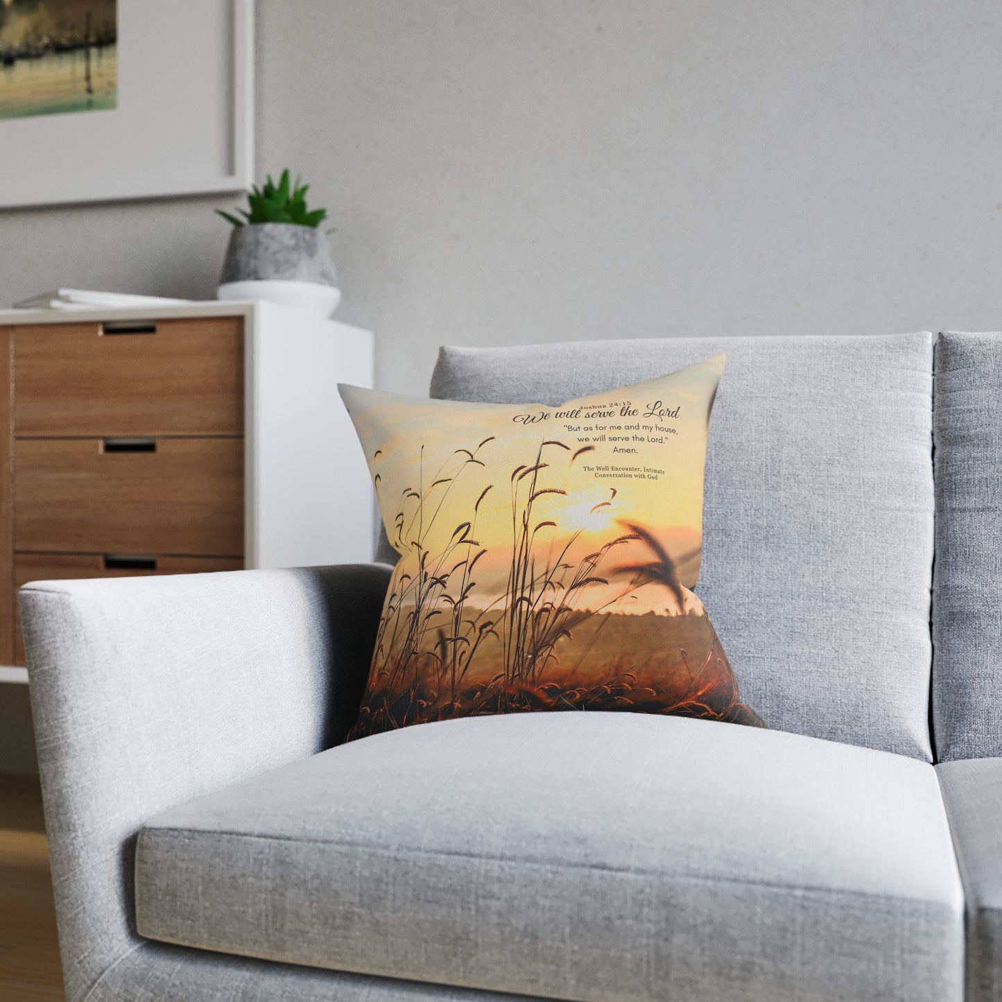 Inspirational Sunrise Square Pillow — Joshua 24:15 "As for me and my house" Scripture Throw Pillow