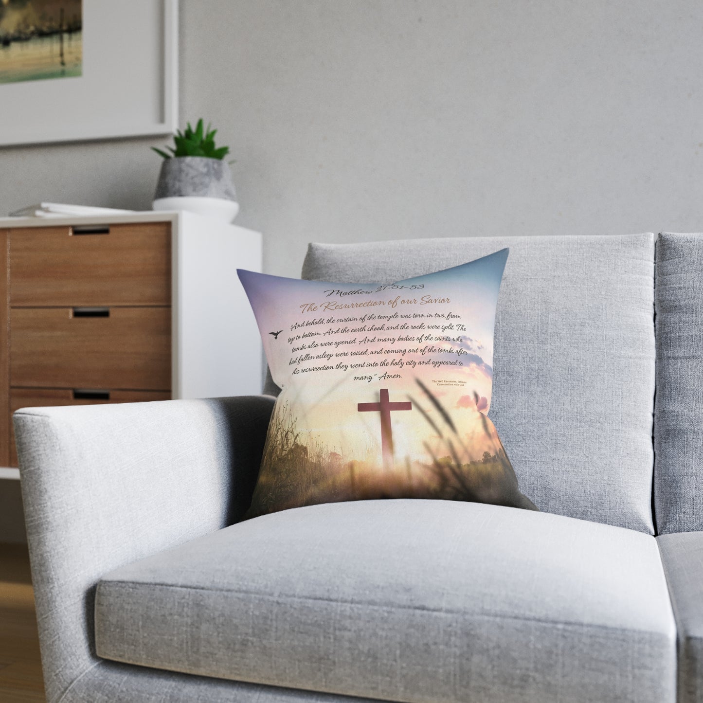 Christian Sunrise Cross Square Pillow — Matthew 27:51-53 Scripture Decorative Throw Pillow