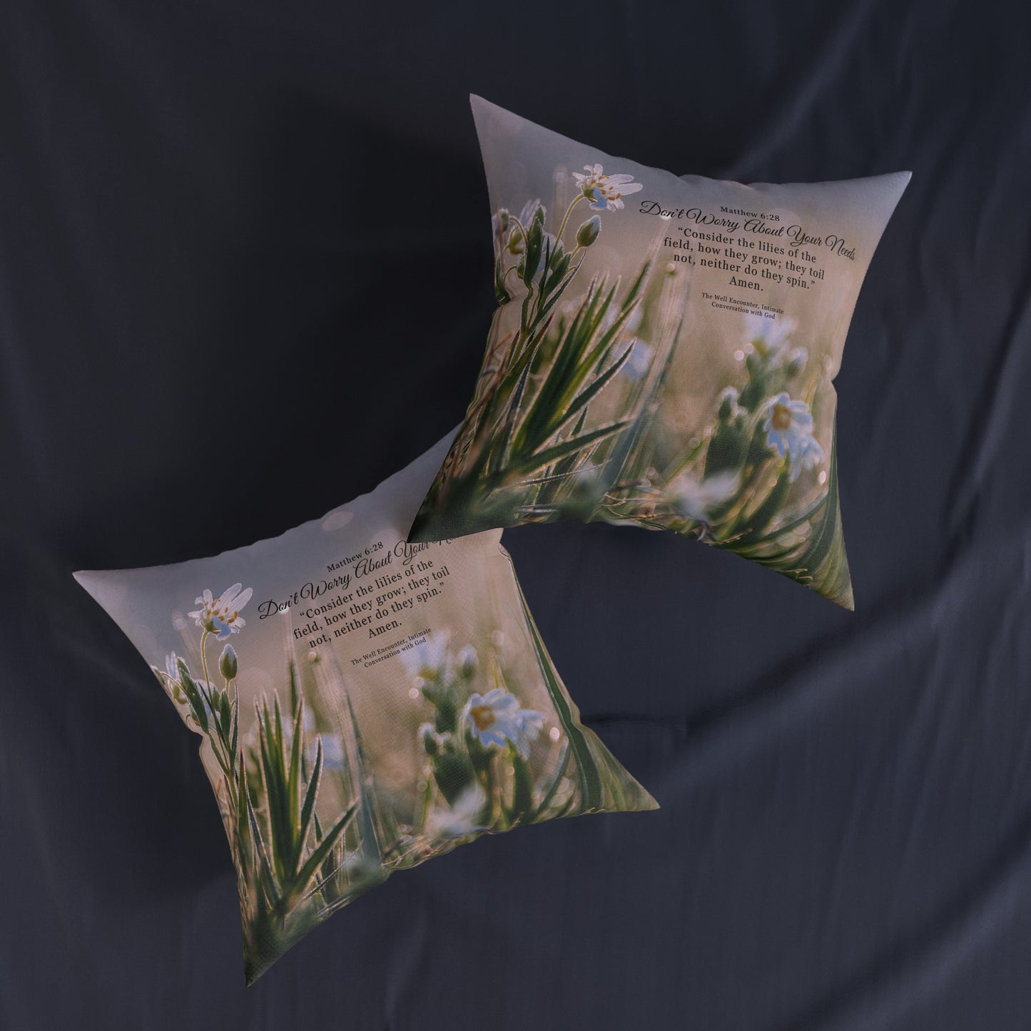 Square Pillow - Matthew 6:28 Floral Bible Verse Decorative Throw Pillow (Don't Worry About Your Needs)