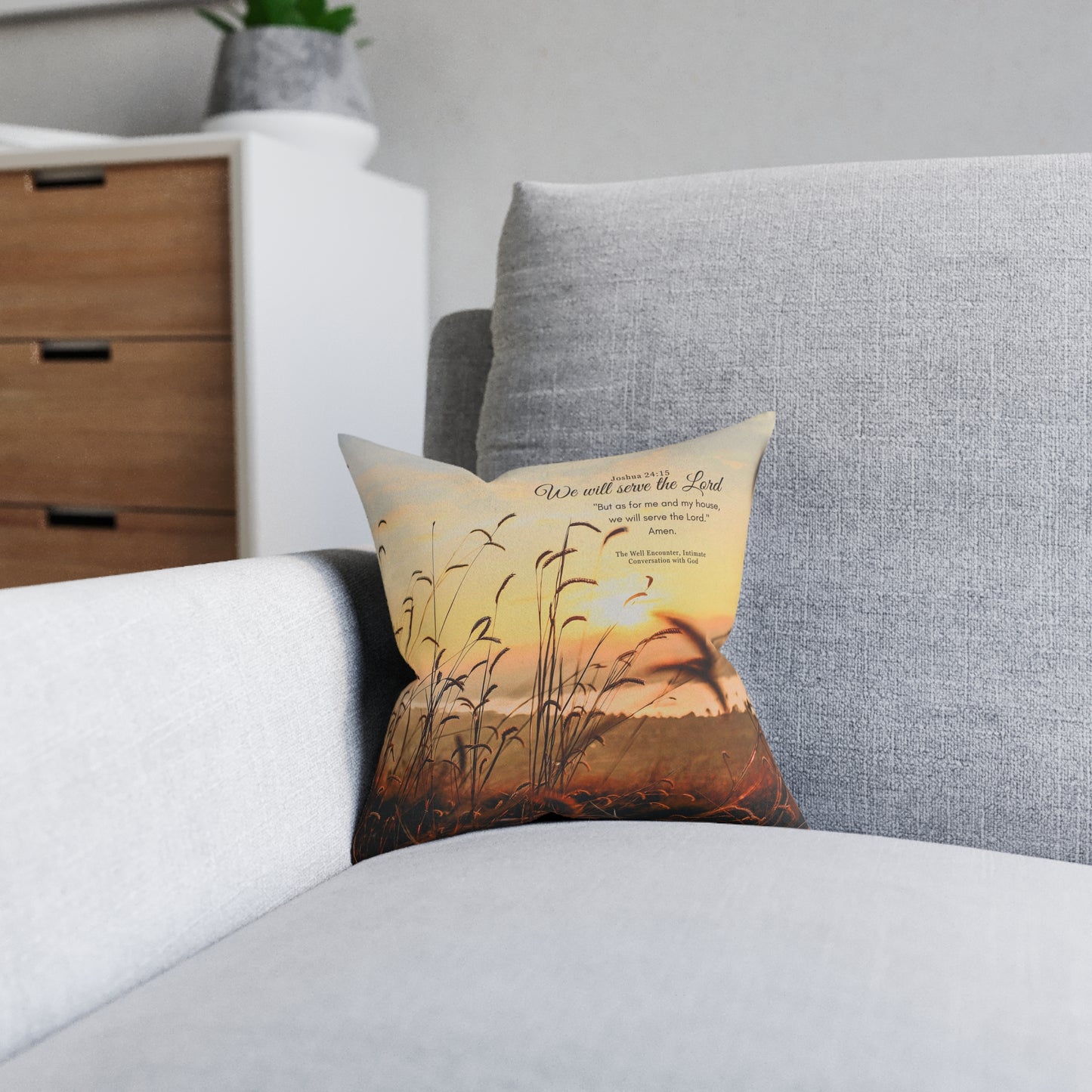 Inspirational Sunrise Square Pillow — Joshua 24:15 "As for me and my house" Scripture Throw Pillow
