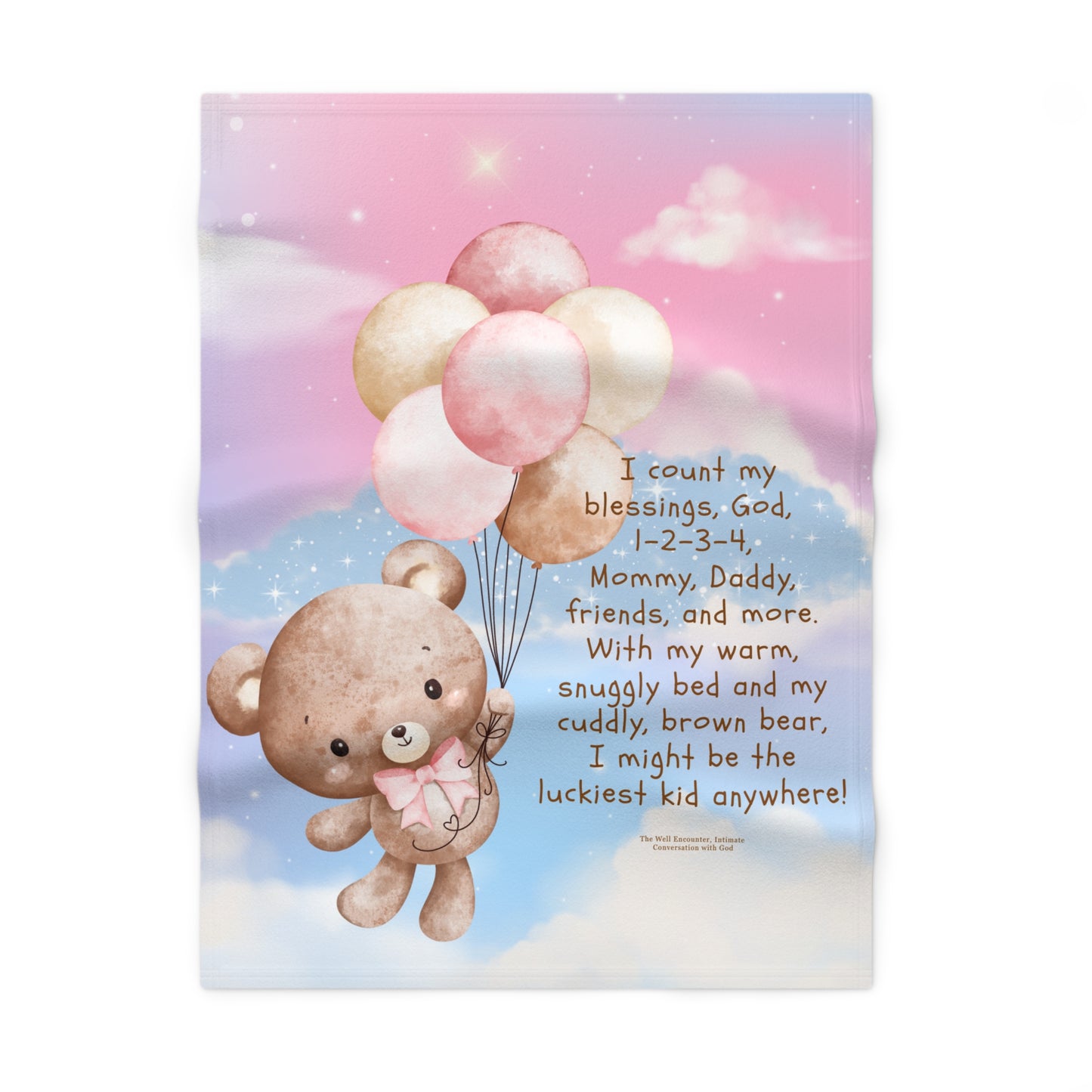 Baby Blanket — Pink Teddy with Balloons & Prayer Poem (Soft Fleece)