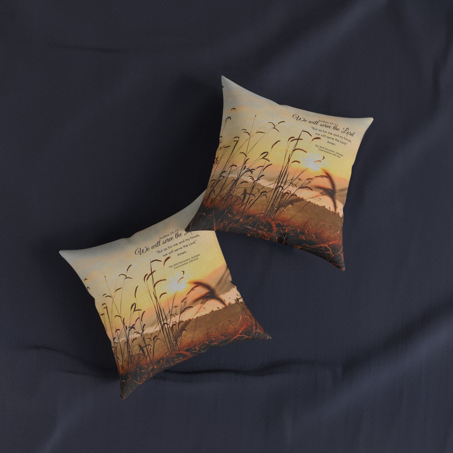 Inspirational Sunrise Square Pillow — Joshua 24:15 "As for me and my house" Scripture Throw Pillow