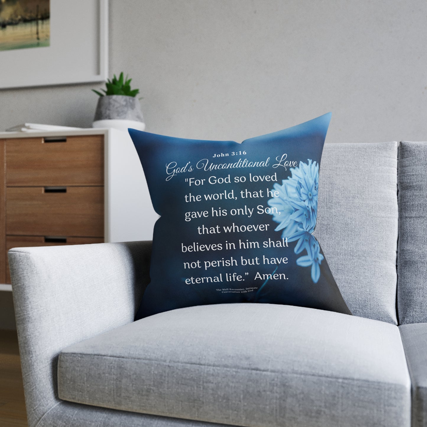 Square Pillow — Christian Scripture Pillow with John 3:16 "God’s Unconditional Love" Floral Accent