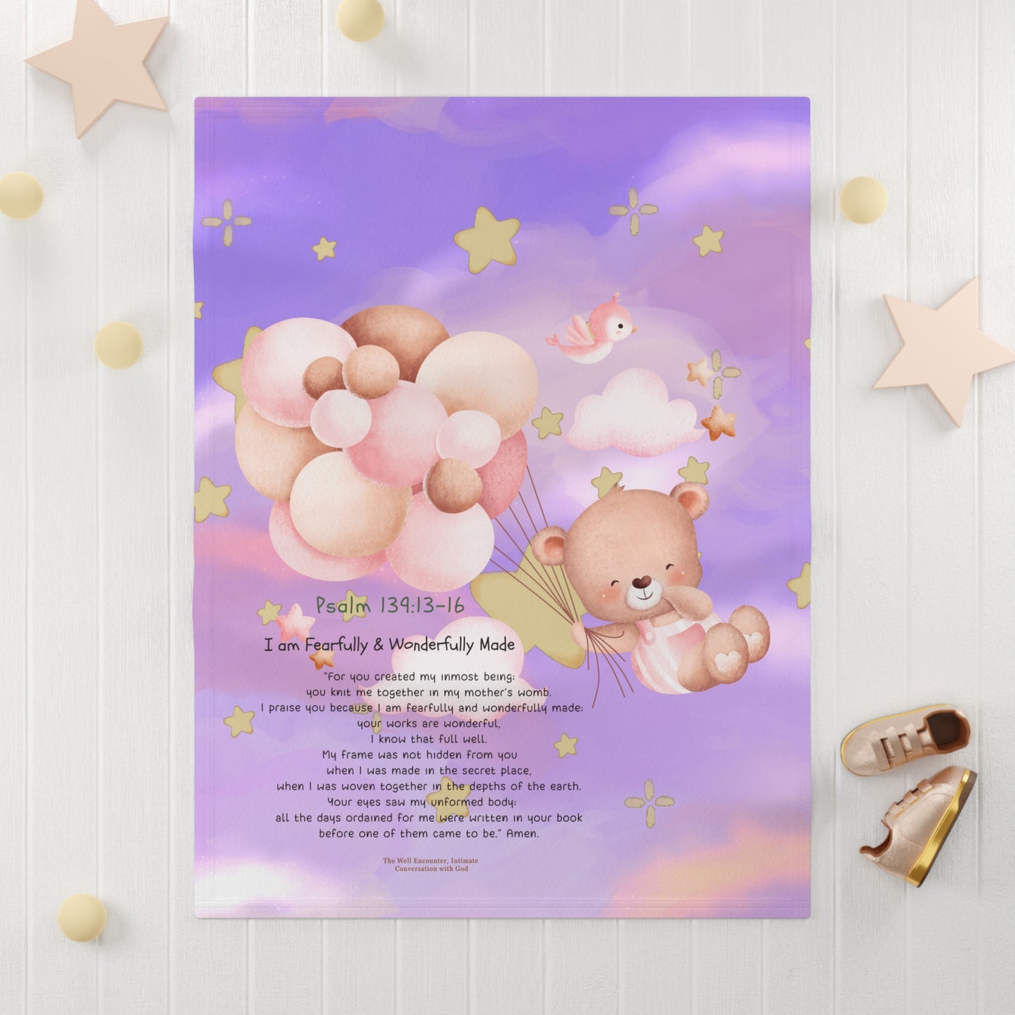 Baby Blanket — Purple Teddy with Psalm 139:13-16 Soft Fleece Blanket for Newborns & Baptism Gifts