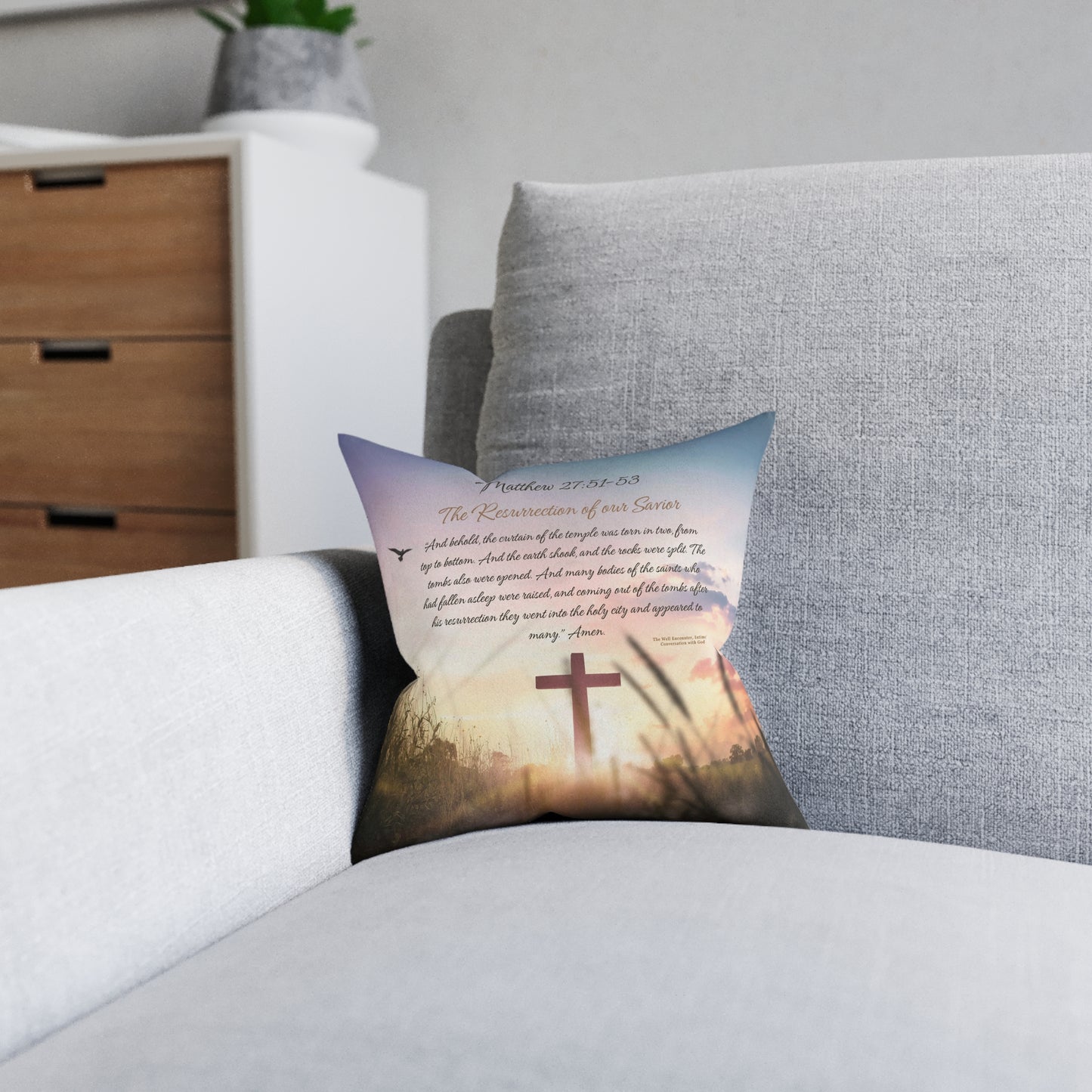 Christian Sunrise Cross Square Pillow — Matthew 27:51-53 Scripture Decorative Throw Pillow