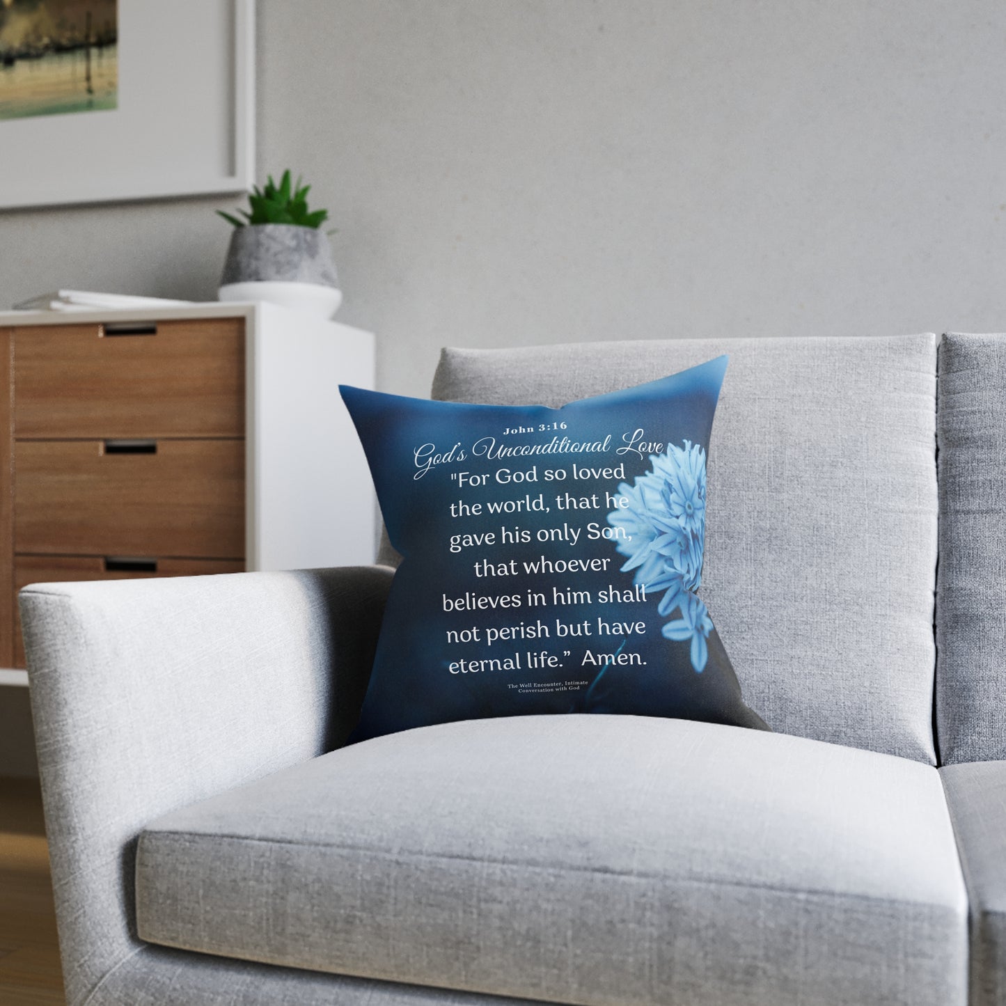 Square Pillow — Christian Scripture Pillow with John 3:16 "God’s Unconditional Love" Floral Accent
