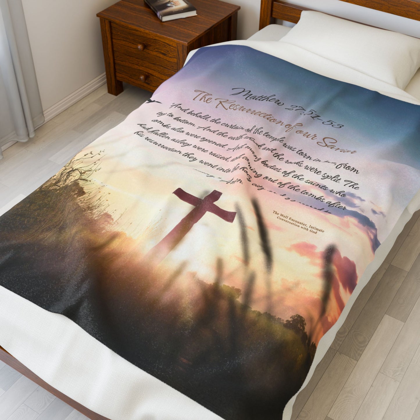 Christian Cross Velveteen Plush Blanket — Matthew 27:51–53 Scripture Throw