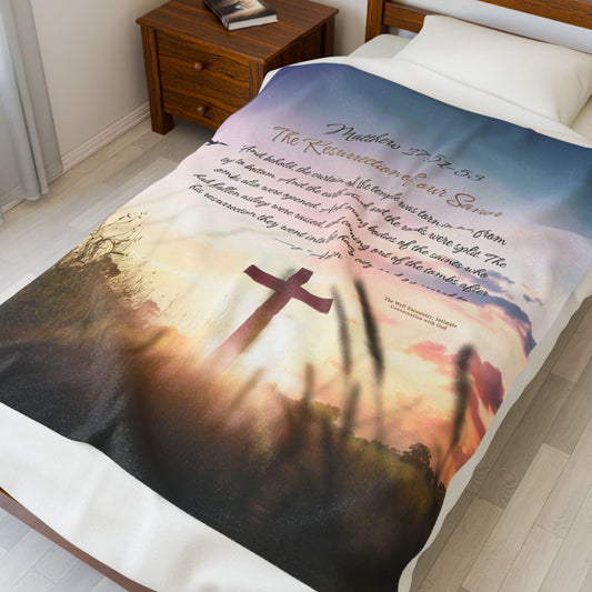Christian Cross Velveteen Plush Blanket — Matthew 27:51–53 Scripture Throw