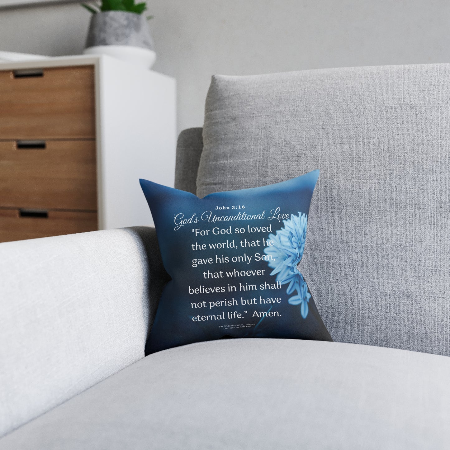 Square Pillow — Christian Scripture Pillow with John 3:16 "God’s Unconditional Love" Floral Accent