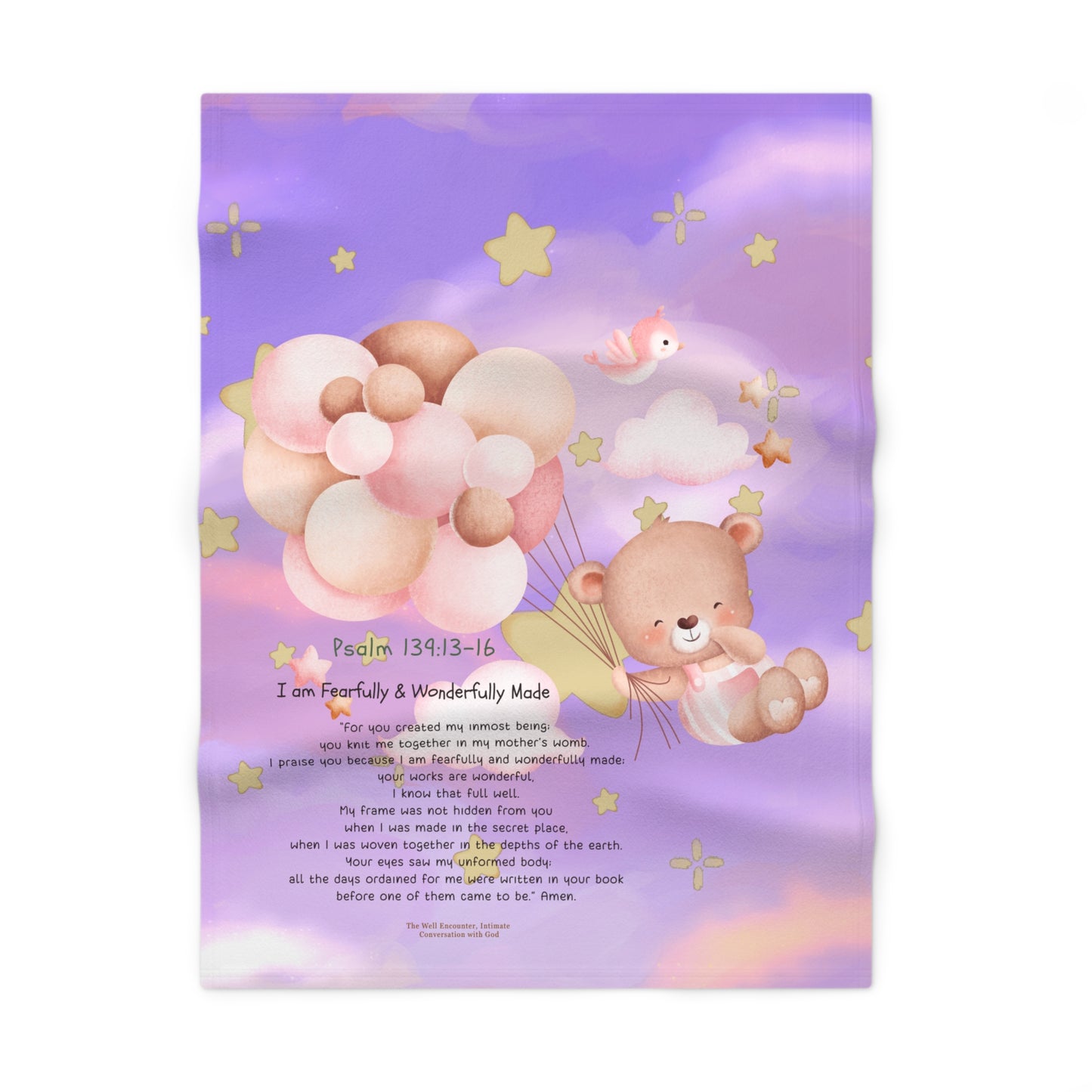 Baby Blanket — Purple Teddy with Psalm 139:13-16 Soft Fleece Blanket for Newborns & Baptism Gifts