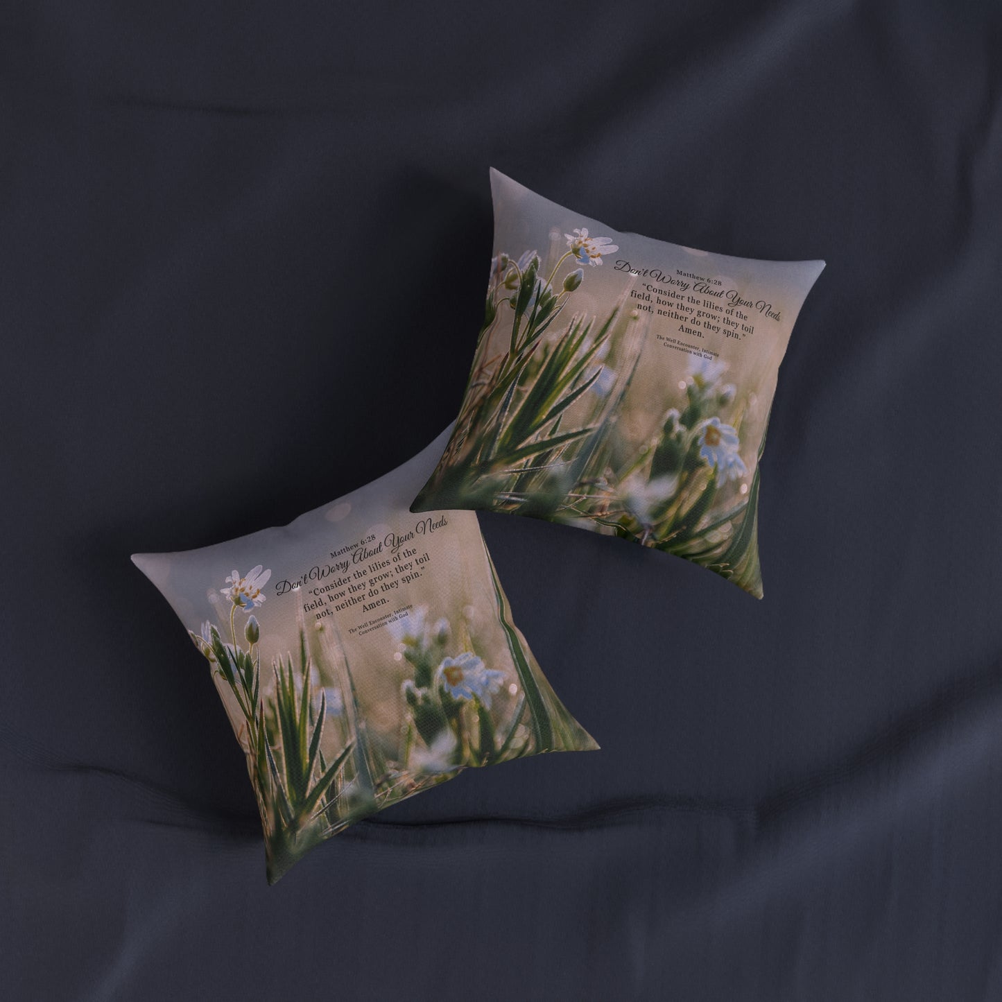 Square Pillow - Matthew 6:28 Floral Bible Verse Decorative Throw Pillow (Don't Worry About Your Needs)