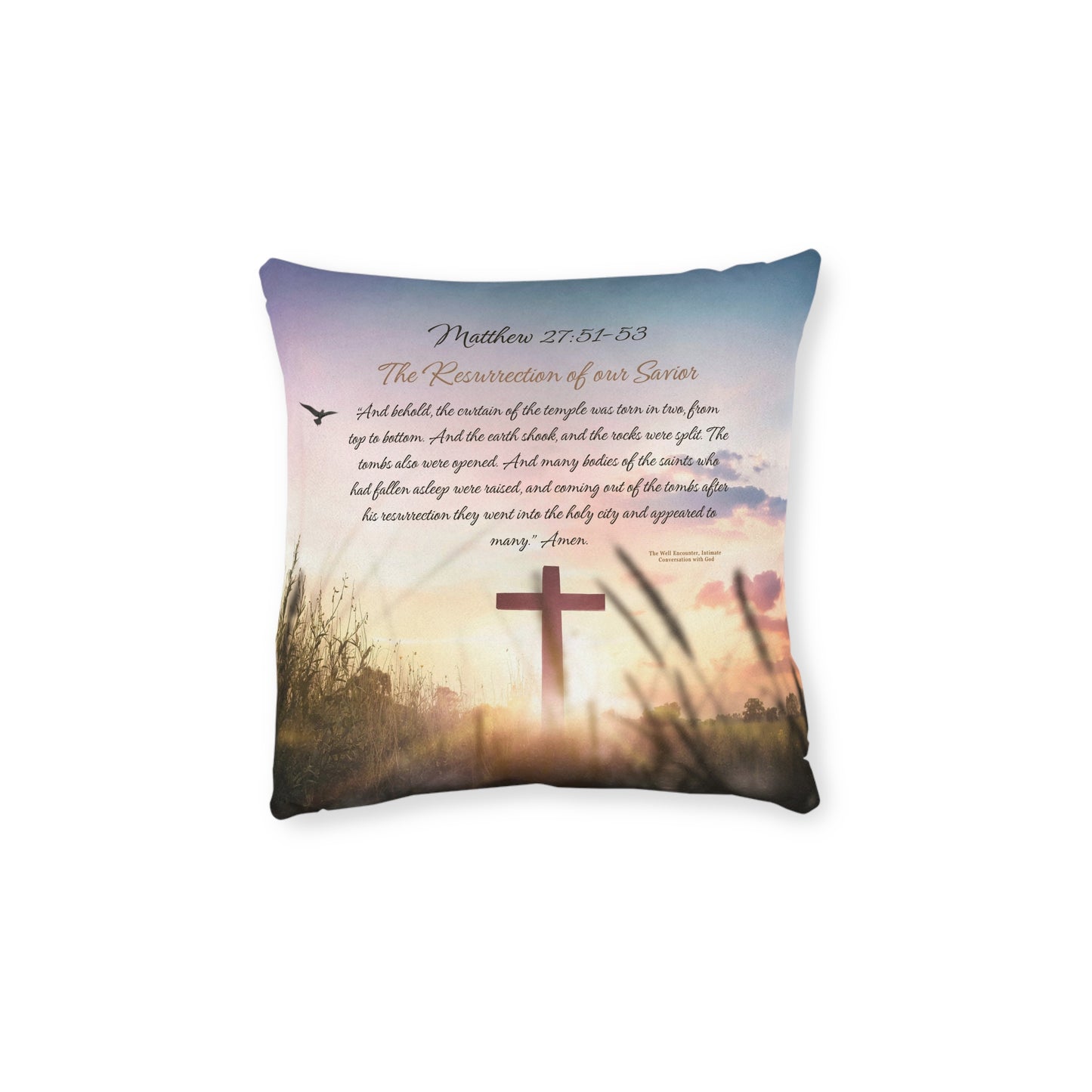 Christian Sunrise Cross Square Pillow — Matthew 27:51-53 Scripture Decorative Throw Pillow