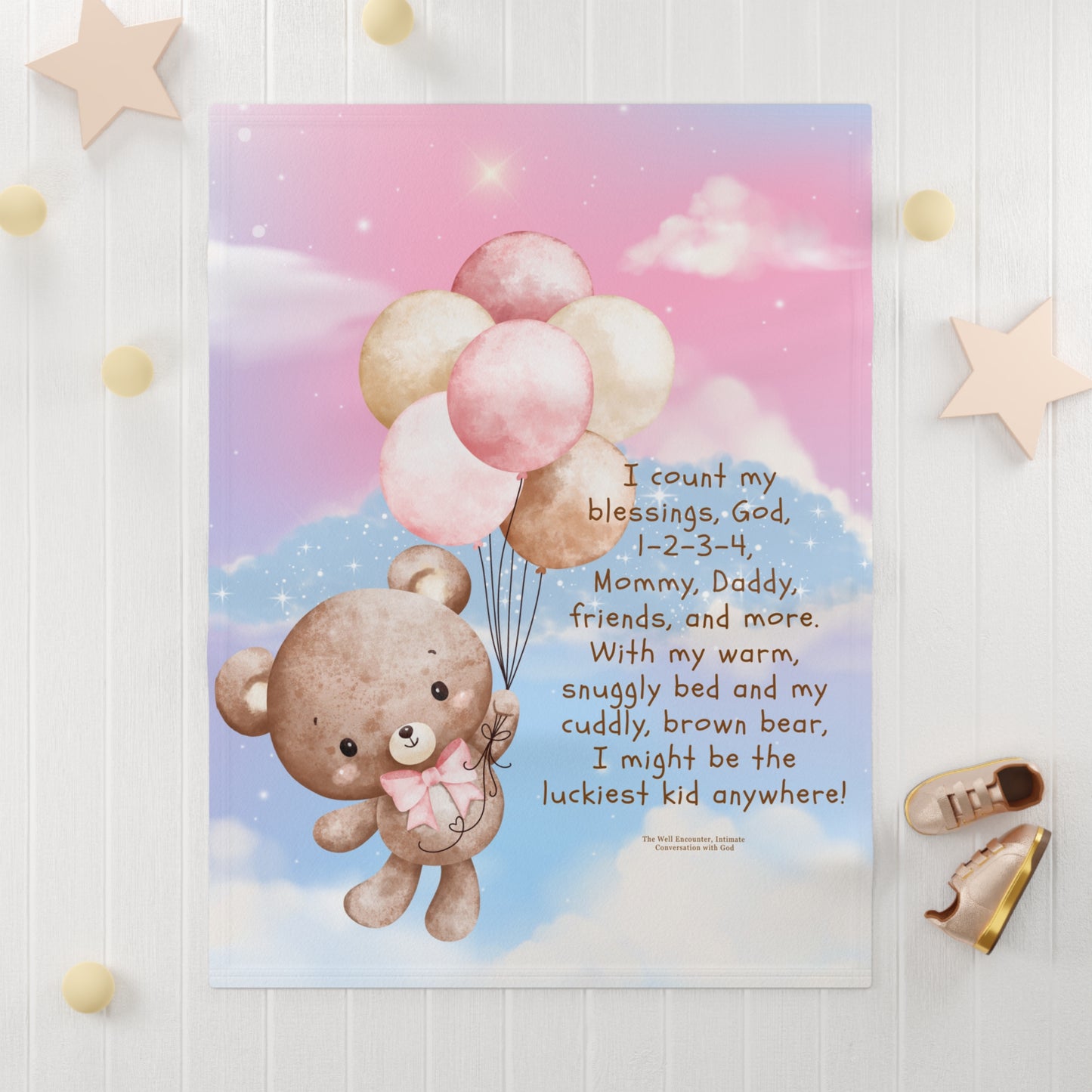 Baby Blanket — Pink Teddy with Balloons & Prayer Poem (Soft Fleece)