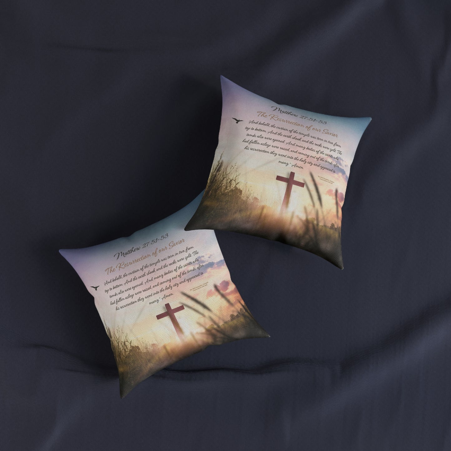 Christian Sunrise Cross Square Pillow — Matthew 27:51-53 Scripture Decorative Throw Pillow