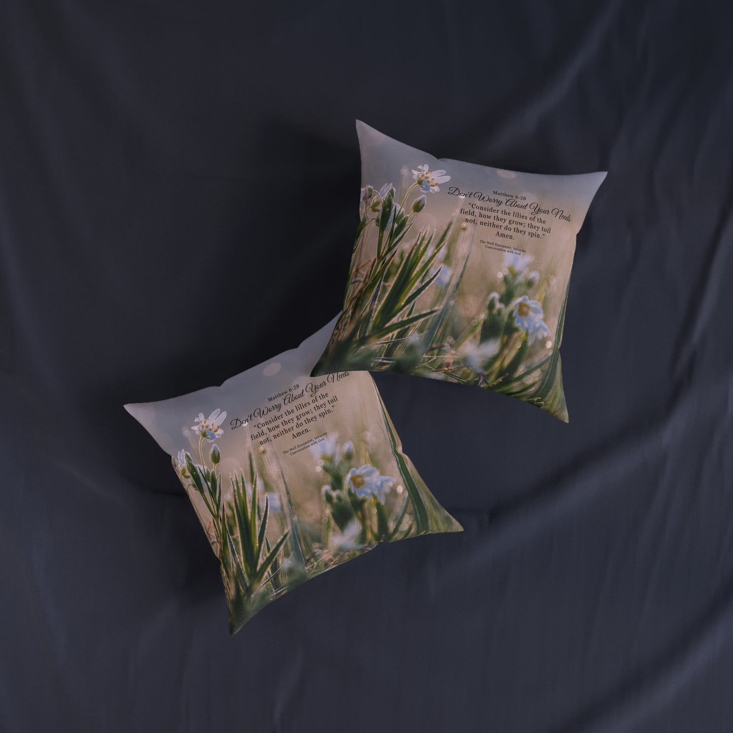 Square Pillow - Matthew 6:28 Floral Bible Verse Decorative Throw Pillow (Don't Worry About Your Needs)