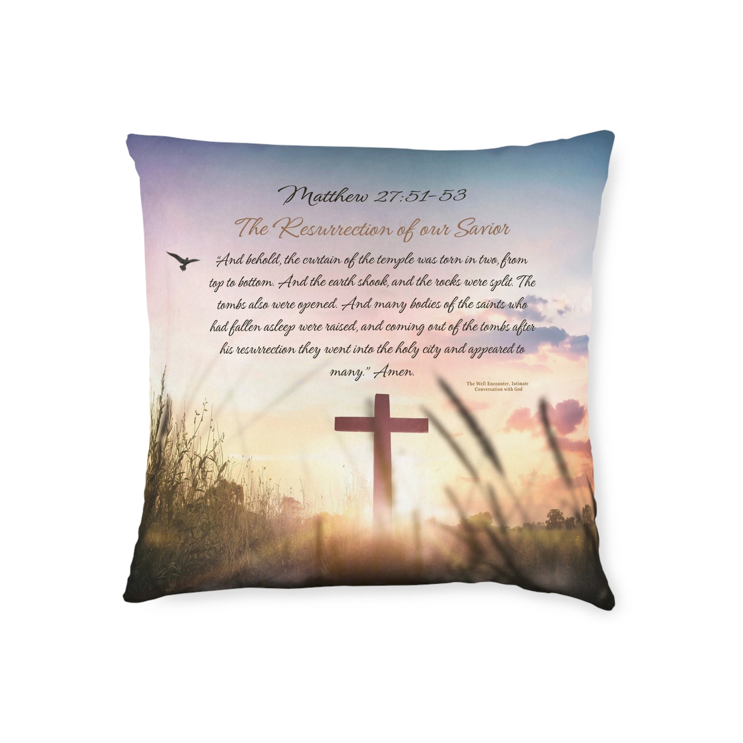 Christian Sunrise Cross Square Pillow — Matthew 27:51-53 Scripture Decorative Throw Pillow