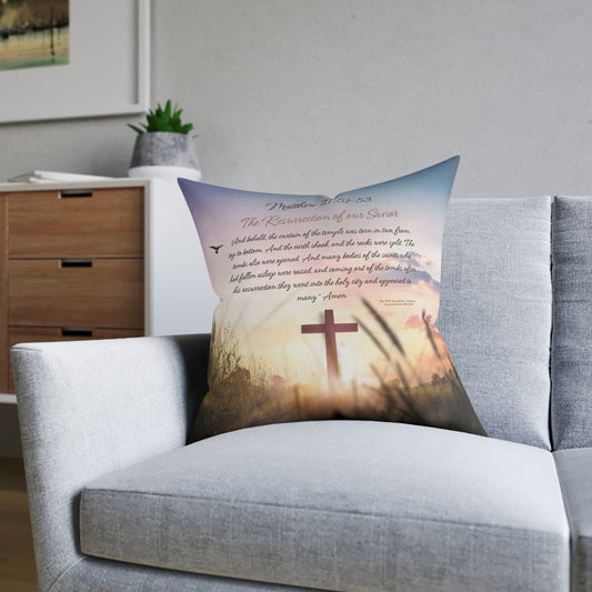 Christian Sunrise Cross Square Pillow — Matthew 27:51-53 Scripture Decorative Throw Pillow