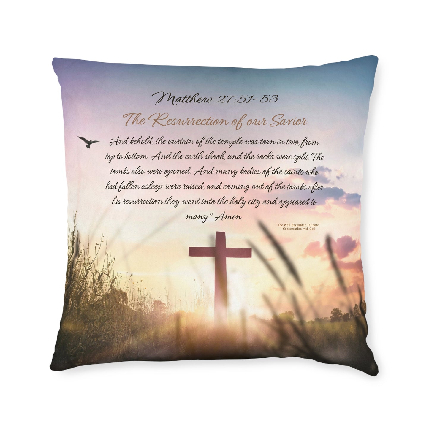 Christian Sunrise Cross Square Pillow — Matthew 27:51-53 Scripture Decorative Throw Pillow