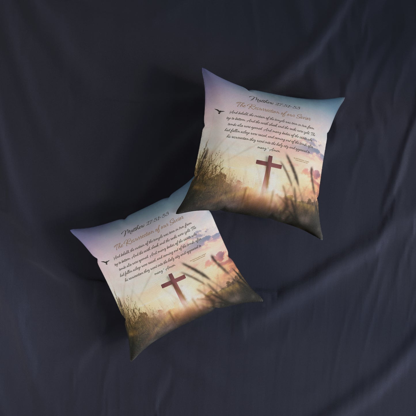 Christian Sunrise Cross Square Pillow — Matthew 27:51-53 Scripture Decorative Throw Pillow