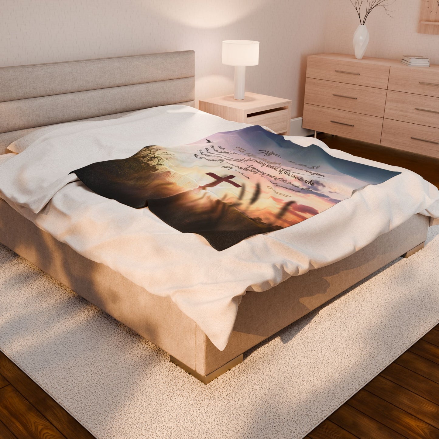 Christian Cross Velveteen Plush Blanket — Matthew 27:51–53 Scripture Throw