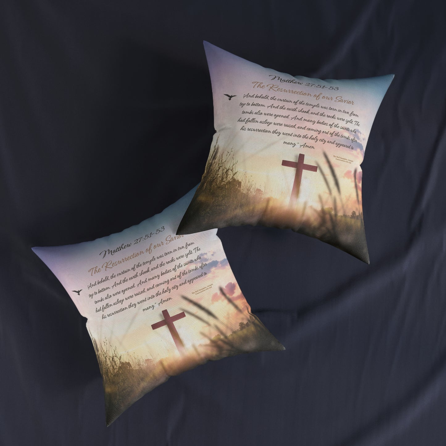 Christian Sunrise Cross Square Pillow — Matthew 27:51-53 Scripture Decorative Throw Pillow
