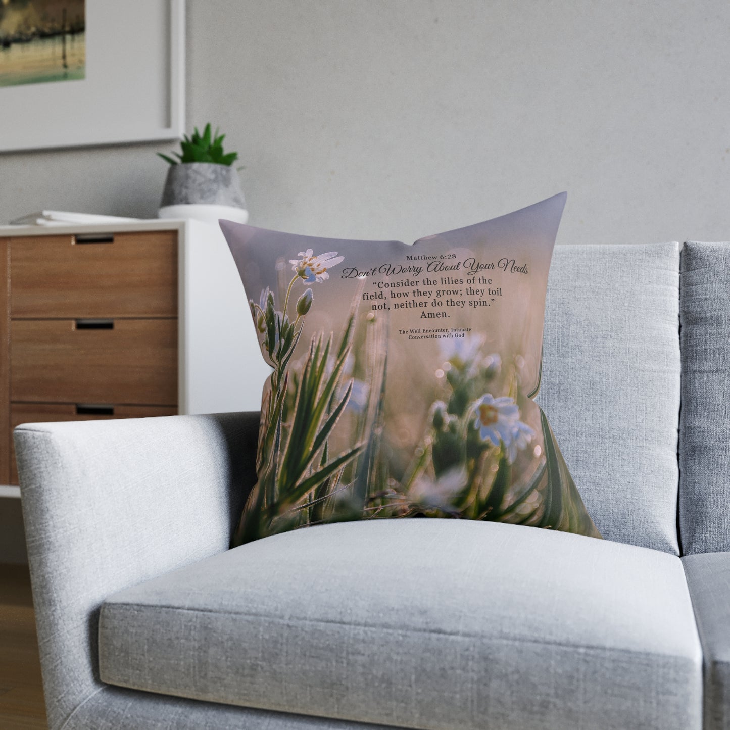 Square Pillow - Matthew 6:28 Floral Bible Verse Decorative Throw Pillow (Don't Worry About Your Needs)