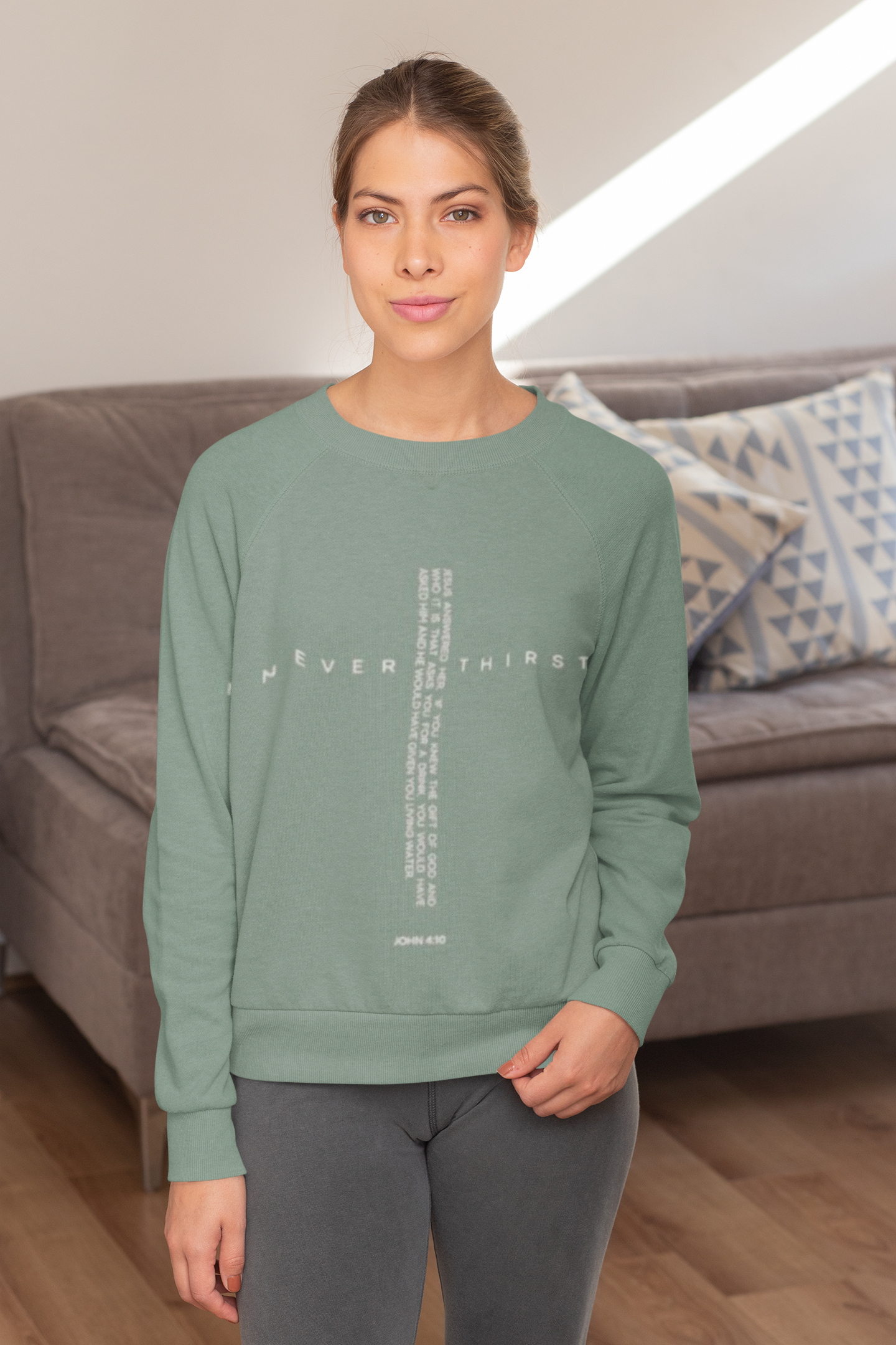 John 4:10 Cross Sweatshirt — "Never Thirst" Christian Crewneck