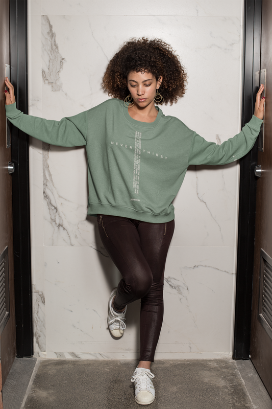 John 4:10 Cross Sweatshirt — "Never Thirst" Christian Crewneck